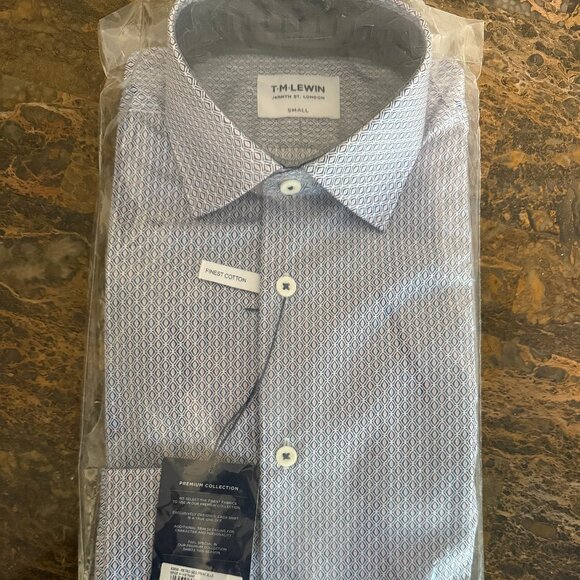 Brand New TM Lewin Small Button Up Shirt (Retro Geo Print Blue) - Picture 1 of 3